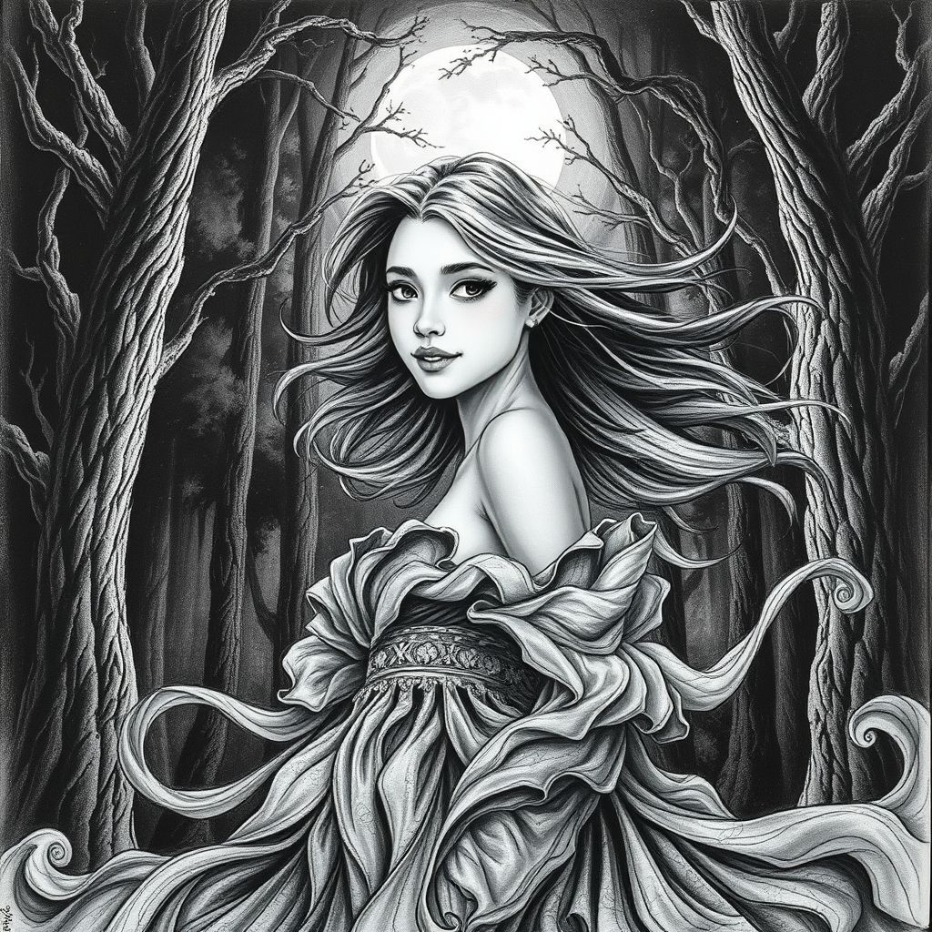 An enchanting illustration of an extraordinarily beautiful young woman
