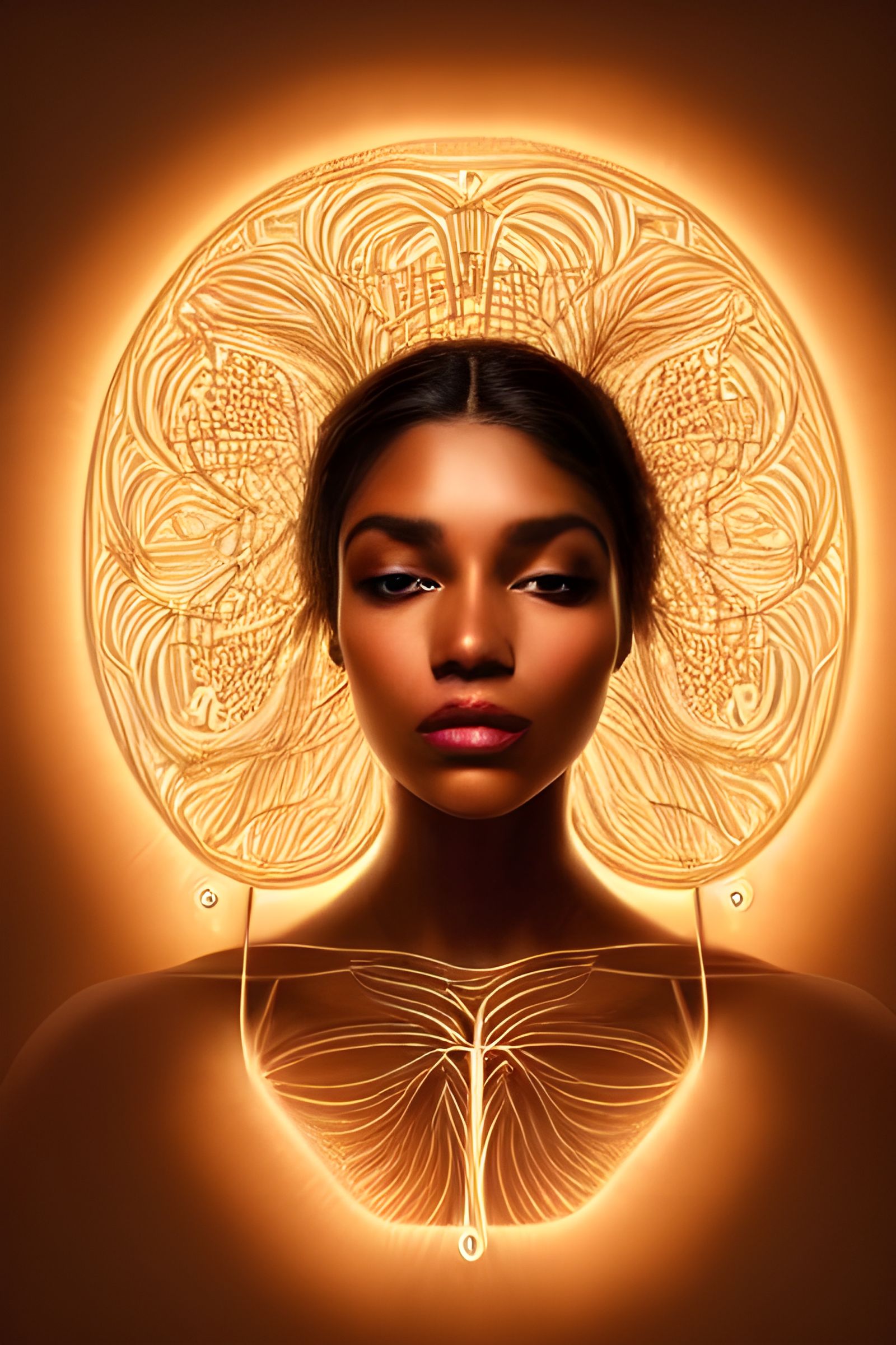 a beautiful brown woman with a wire connected body intricate...