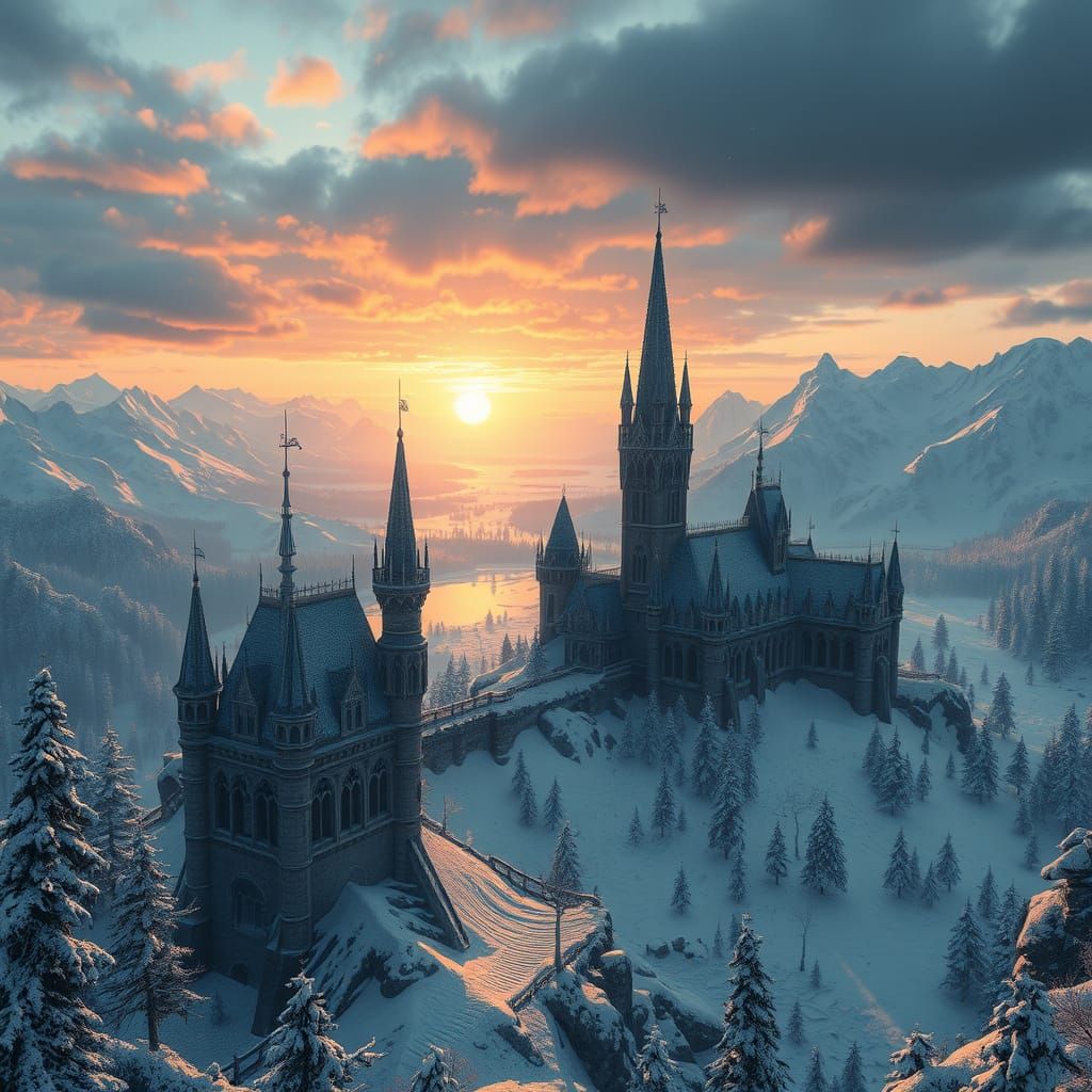 Erstelle eine winterliche eisige Landschaft von einem Königreich im Mittelalter. detailed matte painting, ...  by @AIGiussi