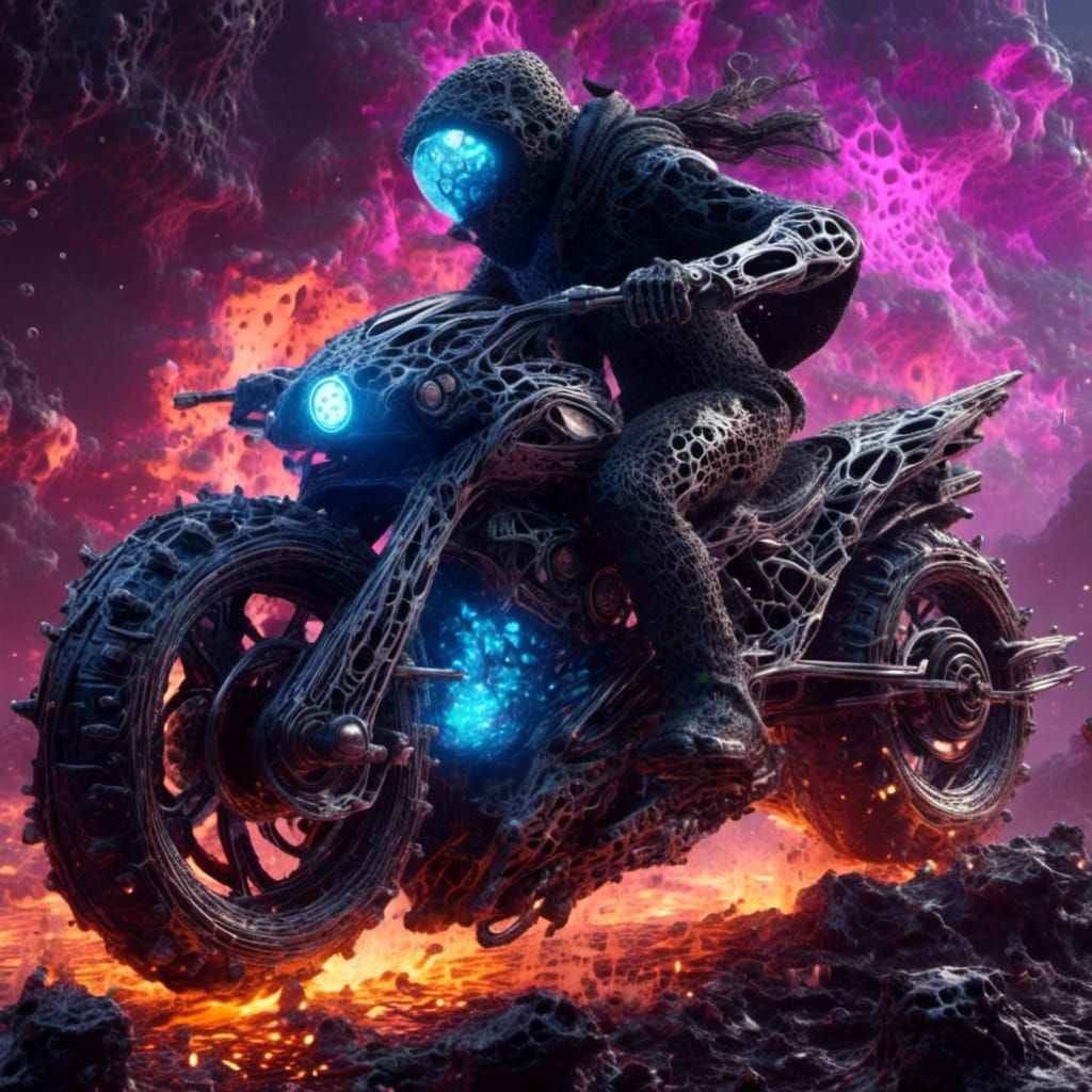 <lora:Mesh Array:1.0> A wizard riding a futuristic motorcycle.