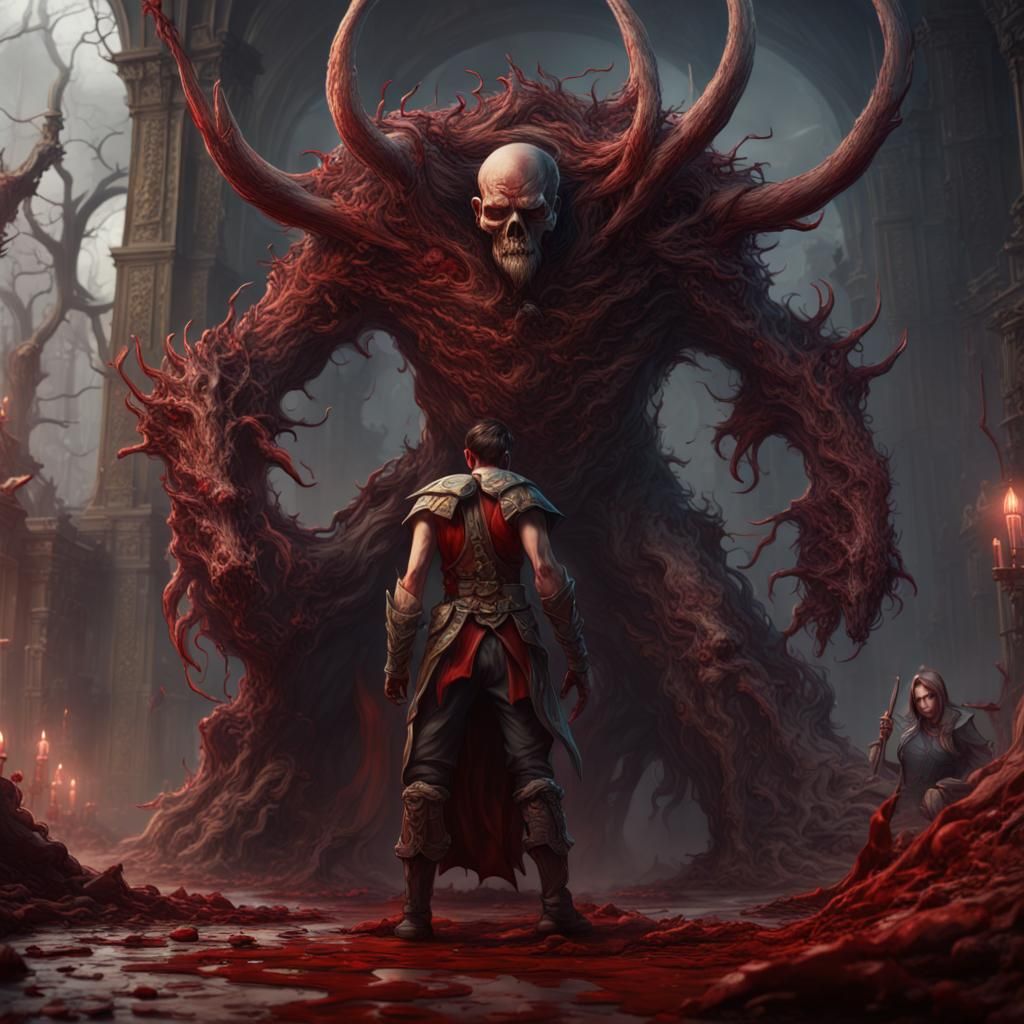 Strong person with blood in the back and in the background a...