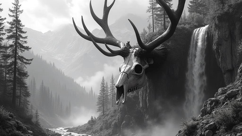 Use a turned to the side profile of a realistic elk skull to crest a rock bluff, tall trees that hide and camaflage the horn and has a water...