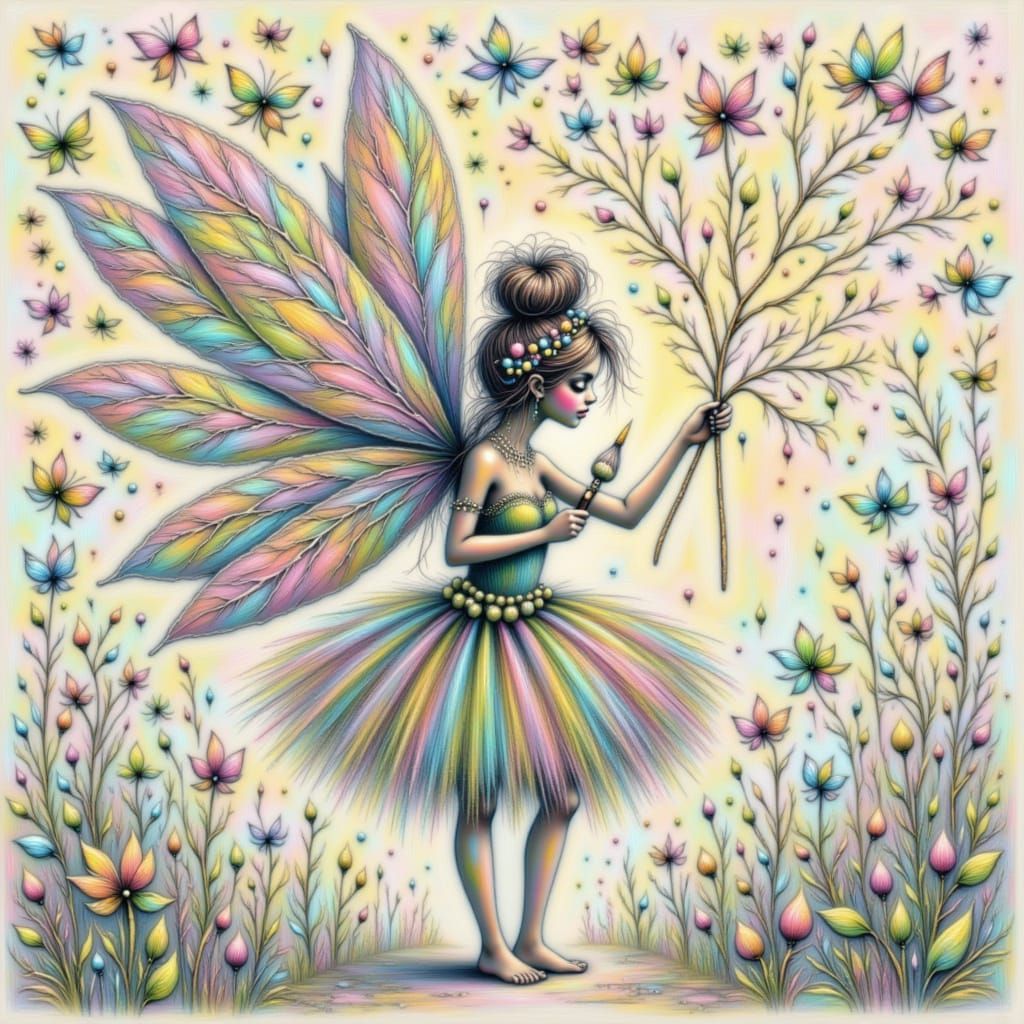 <lora:Fairy Adventures:1.0>A fairy painting words into the air with a brush dipped in sound, each letter glowing and rearranging itself — li...