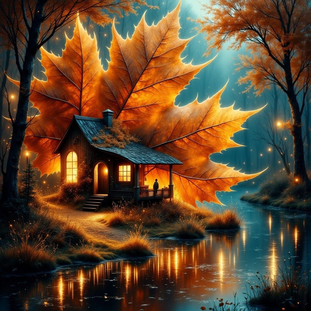 Dreamlike Autumn Scene in a Curled Maple Leaf