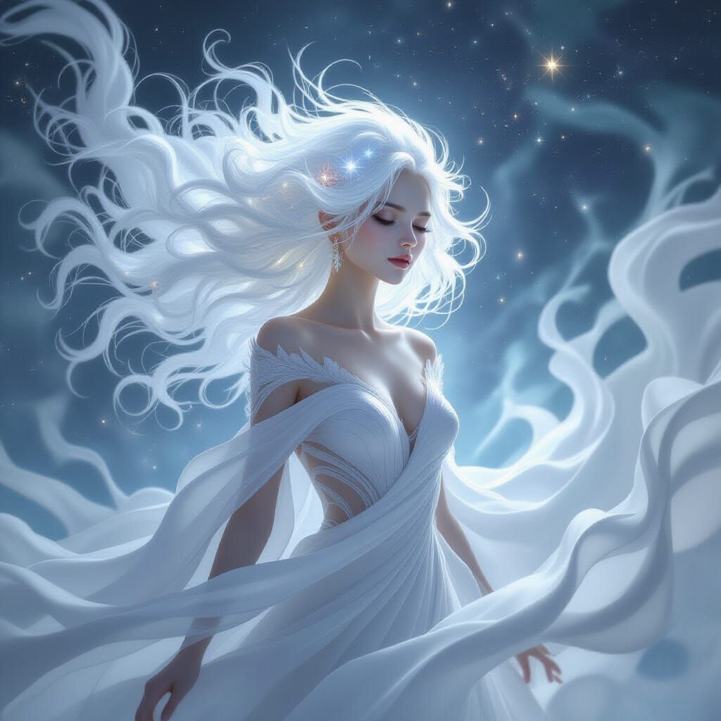 An ethereal celestial being with flowing, impossibly voluminous white hair that seems to capture starlight. ...  by @Teresa Chong
