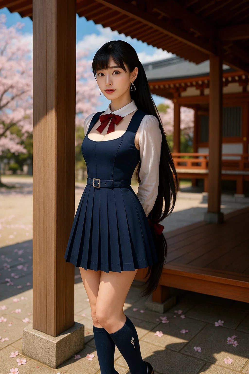 Kaori in a jumper skirt standing in the shrine grounds (from...