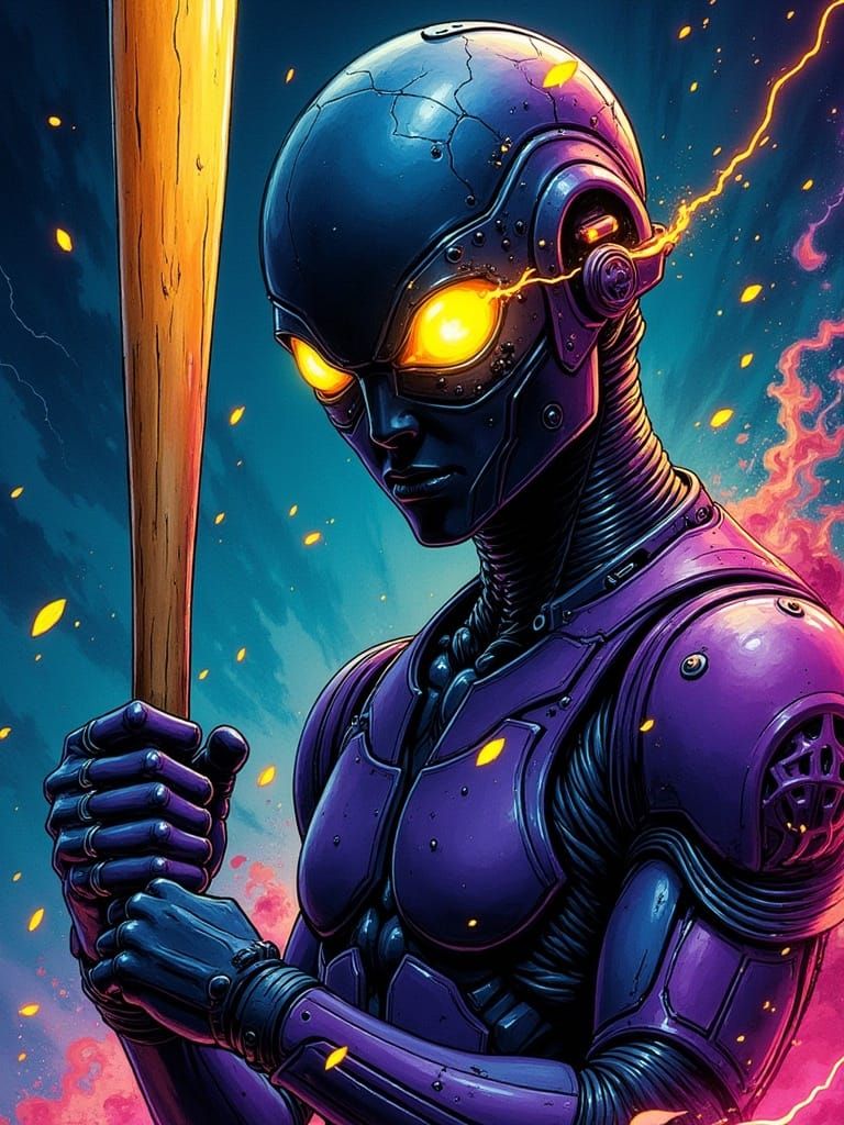 Simon Says Challenge: Android, Glowing Mechanical Eyes, Wielding a Wooden Baseball Bat. (Goblin Fantasy Flux)