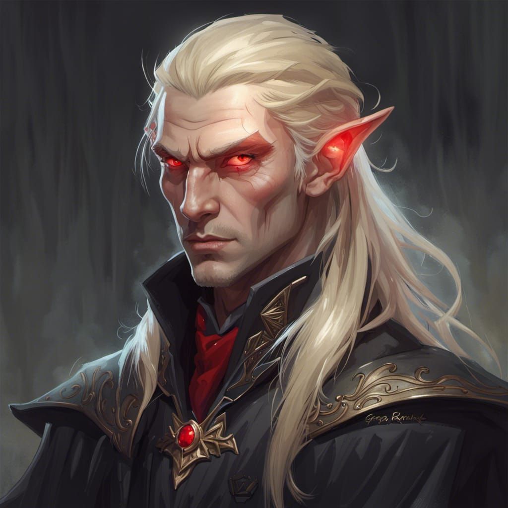 elf man blonde hair red eyes black coat wizard undead - AI Generated ...