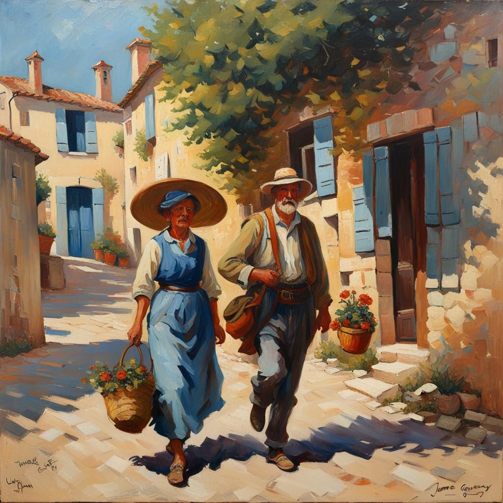 Un couple marchant dans la rue d'un village provençal   oil ...