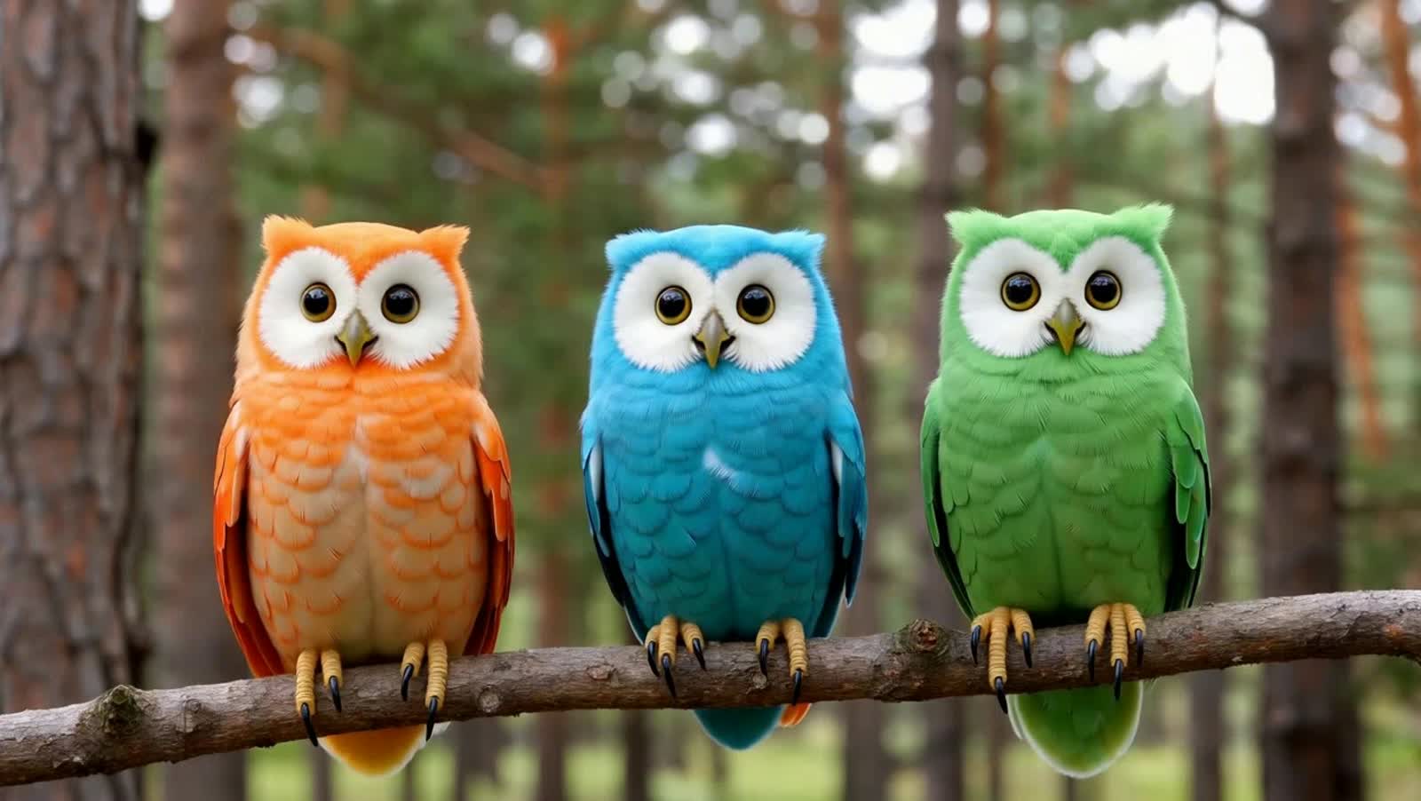 3 cute colorful fluffy owls sitting on a branch.