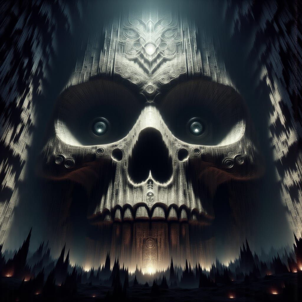 <lora:Monolithic Skulls:3.0> Spanning the width is a logo with the text: "Monolithic Skulls" done in UHDR textures with dynamic volumetric l...