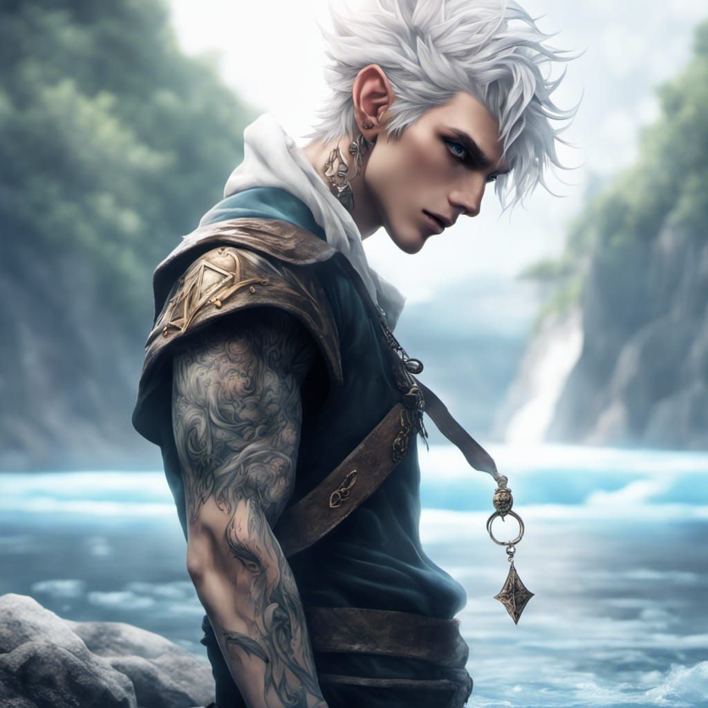 anime style. Elf Male, White shaggy hair, elf ears, muscular build, beautiful handsome face, sailor tattoos. Kind welcoming eyes. Mysterious...