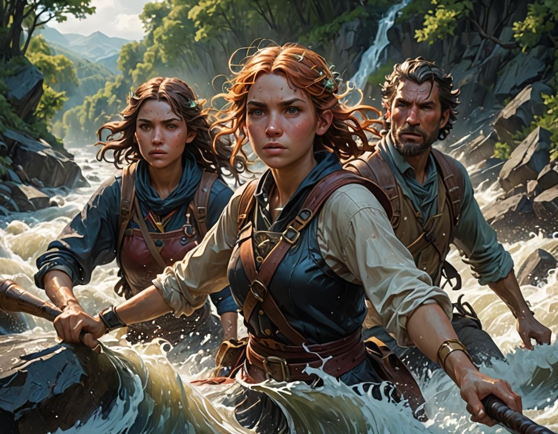 The adventure of a brave sisters and a brave brother in a very raging river. head and shoulders portrait, ...  by @M R