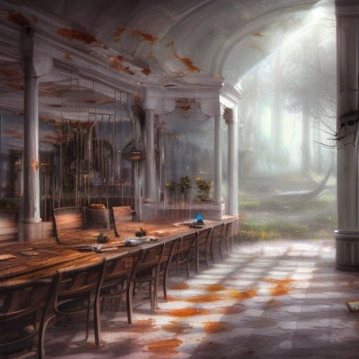 Hyperdetailed abandoned cafe