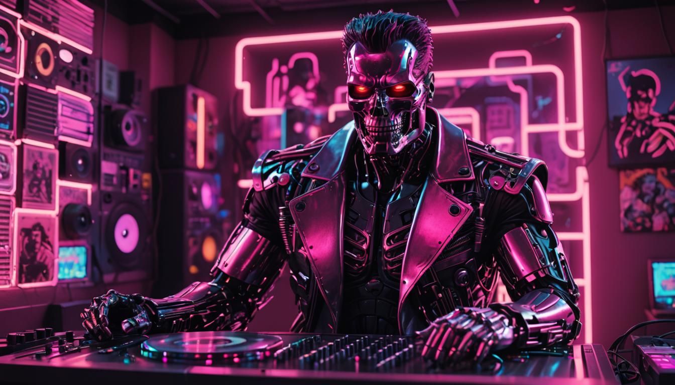 "The Terminator T-800, a cyborg with a muscular build and metallic features, is seated at a modern DJ booth, skillfully mixing vinyl records...