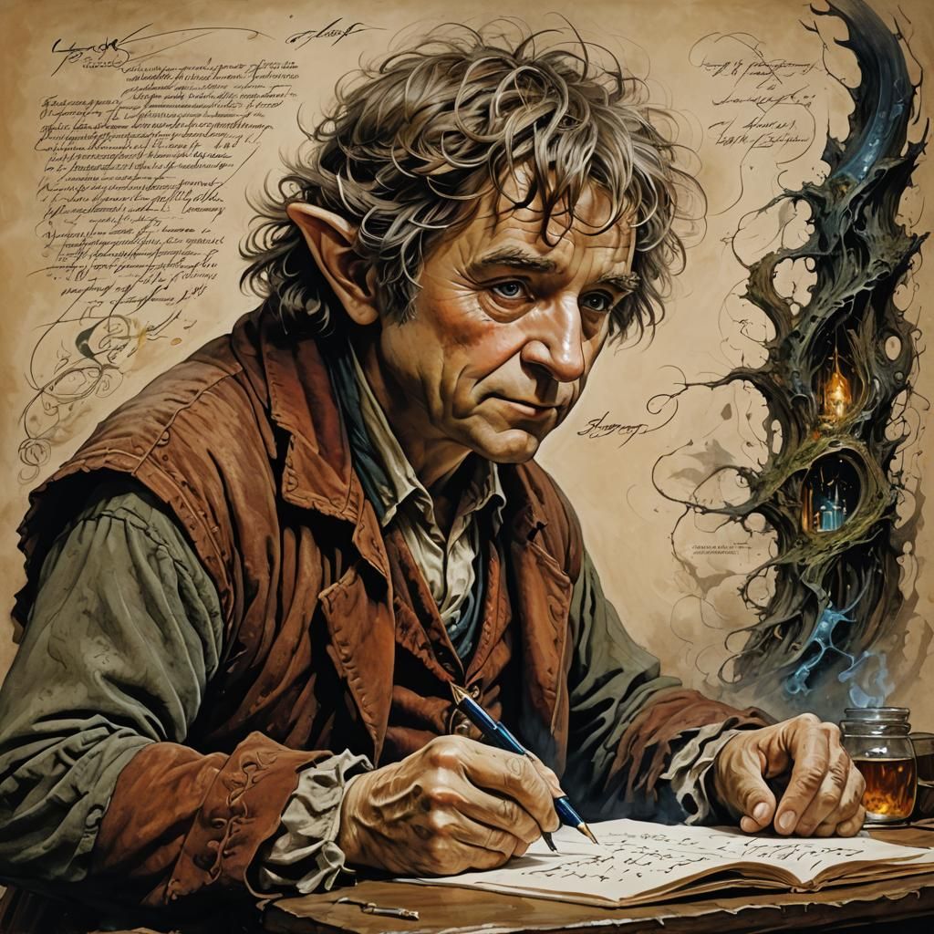 Bilbo writing The Hobbit - AI Generated Artwork - NightCafe Creator