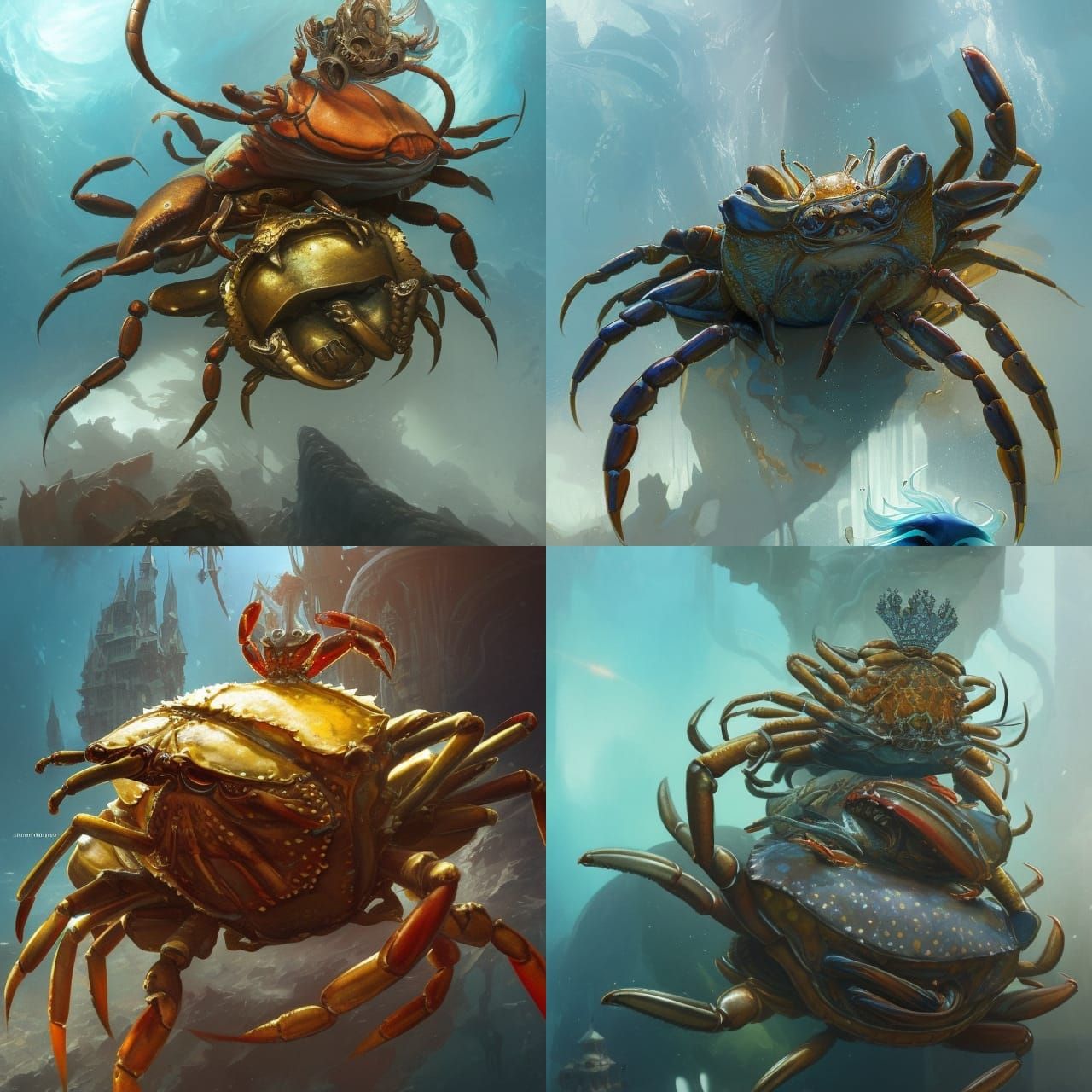 A Crab king sitting upon a throne in a undersea castle head ...