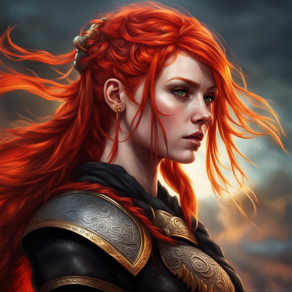 Bright red hair female, Viking hair style, gold eyes, wearing a black ...