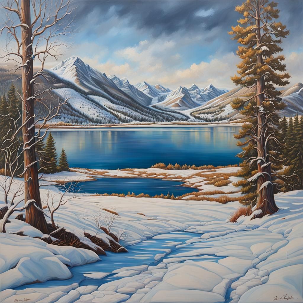 frozen holter lake montana winter deep color hyperrealism oi...