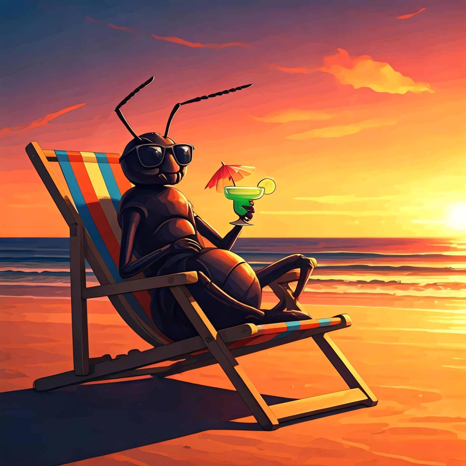 An Ant chilling on the beach drinking a margarita