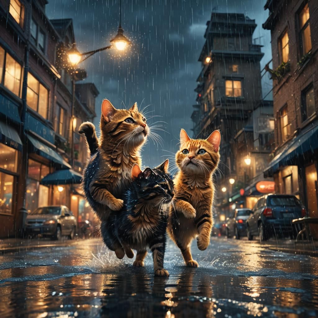 Kitty and Mouse Play in Rainy City Street