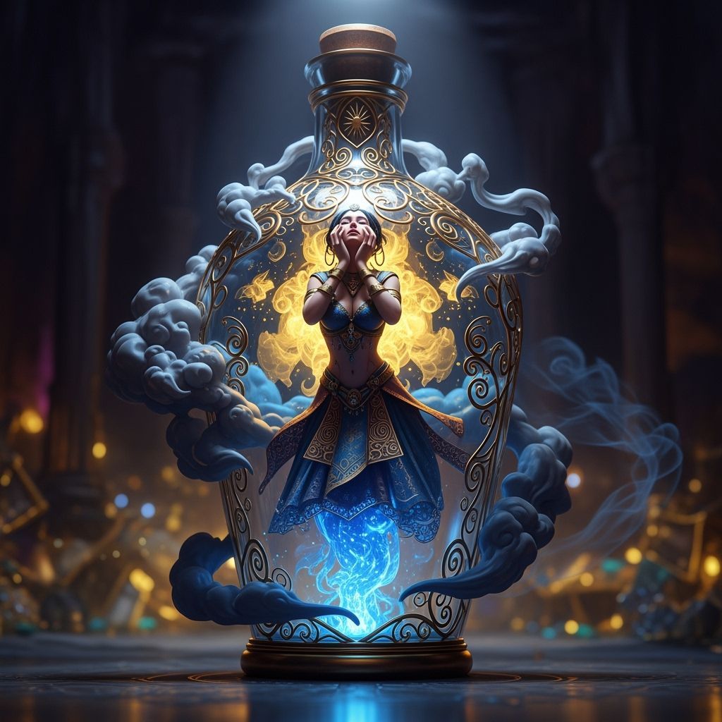 “A beautiful mystical genie trapped inside an ornate glass bottle glows with magical energy. Blue and gold light swirl around her as smoke c...