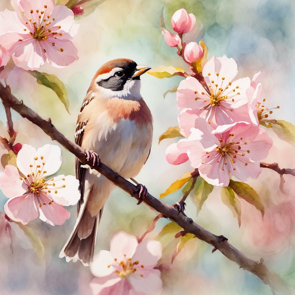 A watercolour painting showing a proud sparrow standing on the highest branch of a blooming cherry blossom ...  by @Joseph
