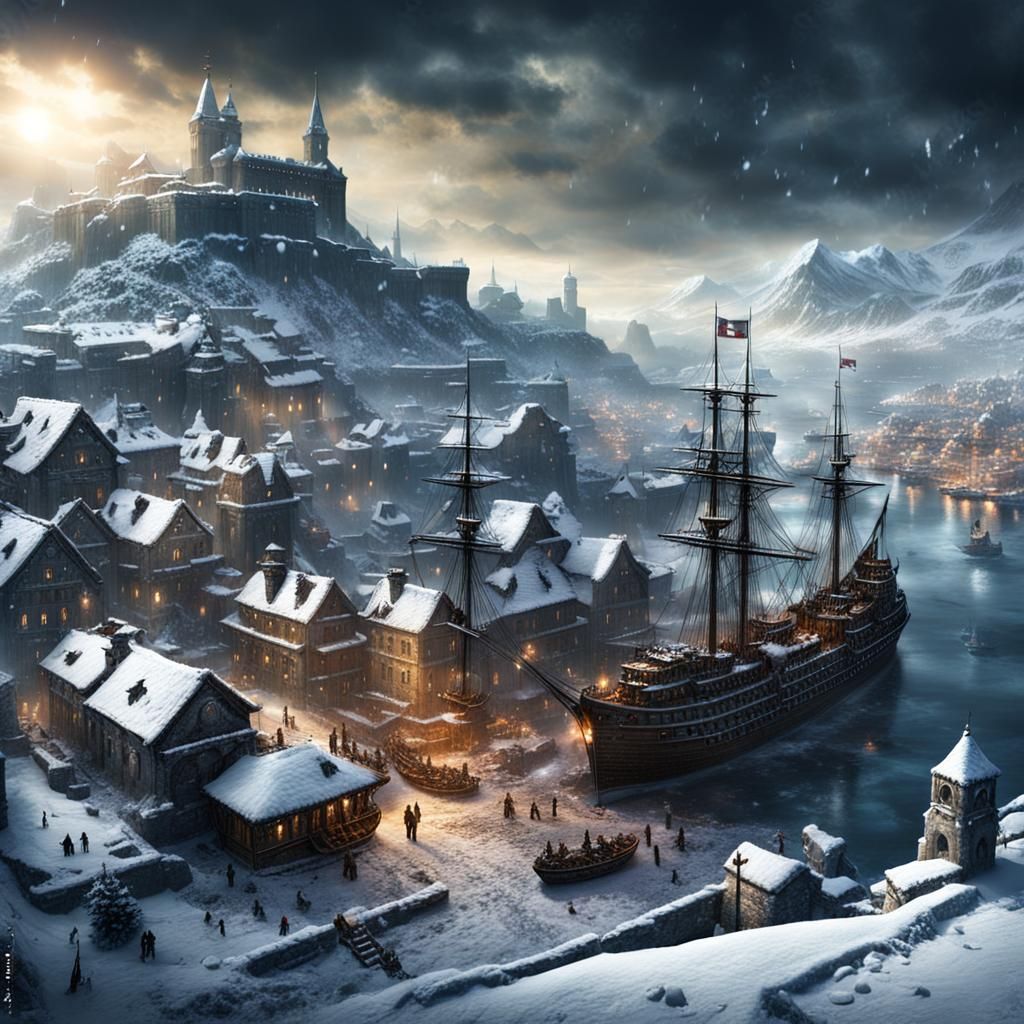 Croatian medieval military port city covered with snow and ice, military ships, dark fantasy
