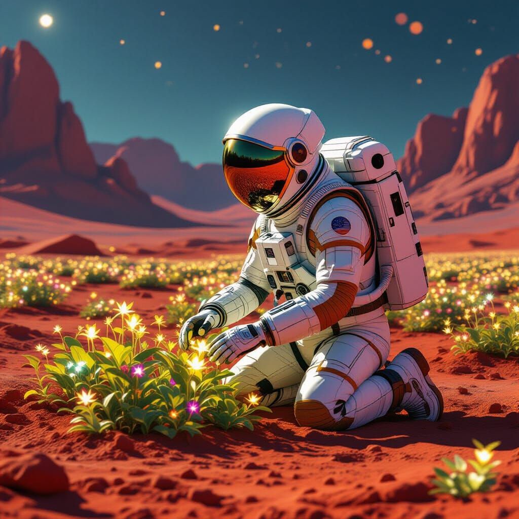 A lone astronaut, clad in a pristine white spacesuit with golden accents, kneels on a rust-red alien ...  by @PeteArtwork