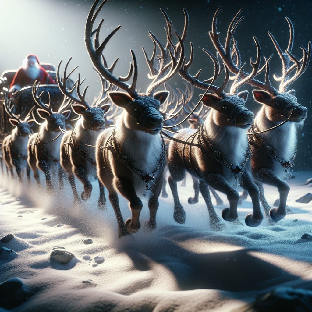 Reindeers Leading Santa's Sleigh in Hyperrealistic Winter Sc...