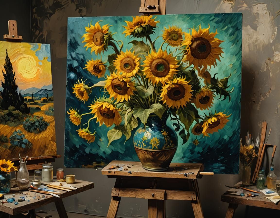 Rembrandt painting of  Van Gogh painting sunflower vase scen...