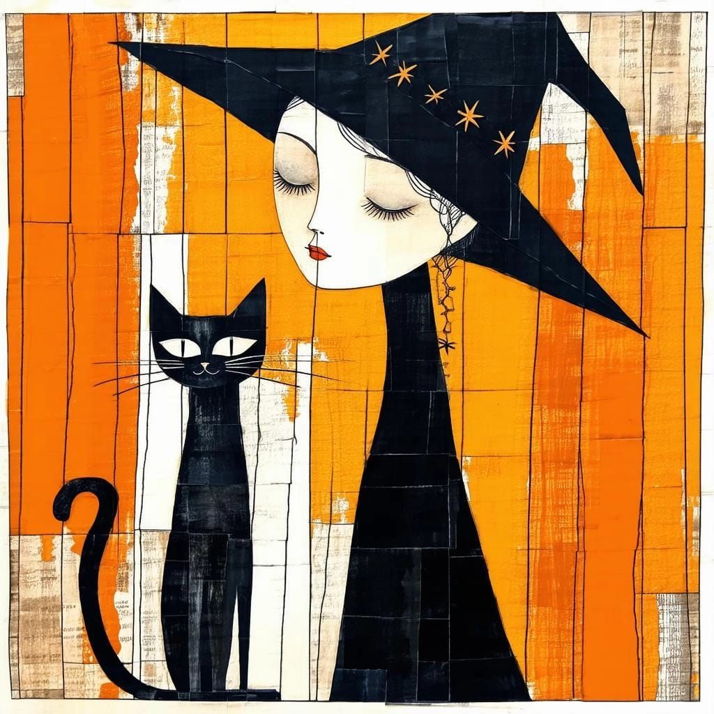 A witch and her cat.