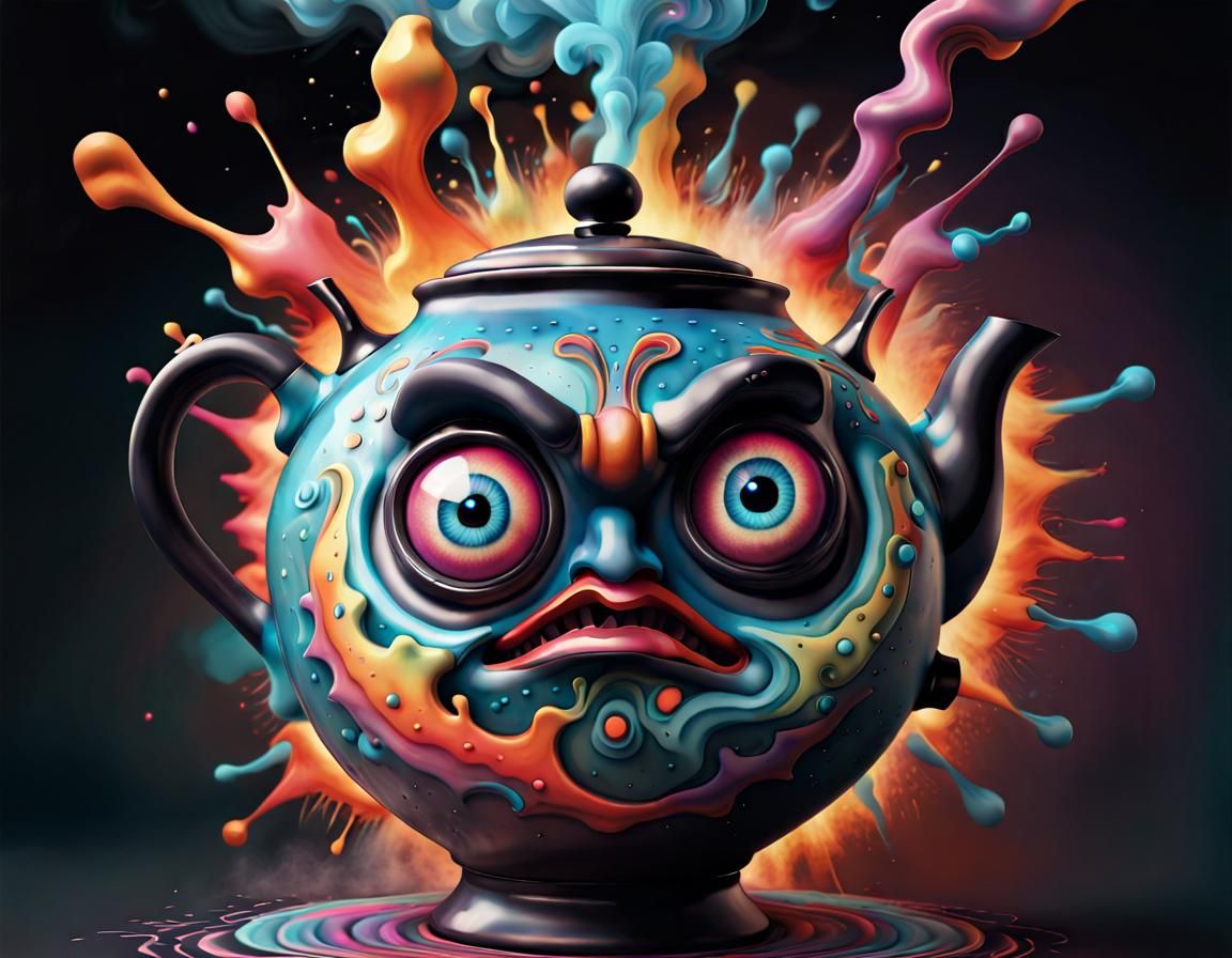 Dancing Surreal Teapot in Tattoo Art Style