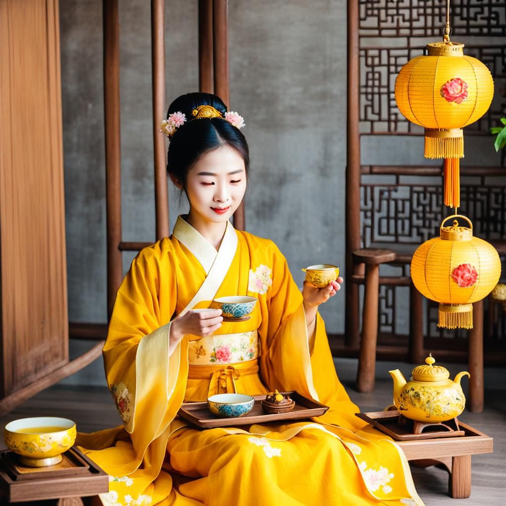 Tea Ceremony with Woman in Hanfu, Surrealist Style