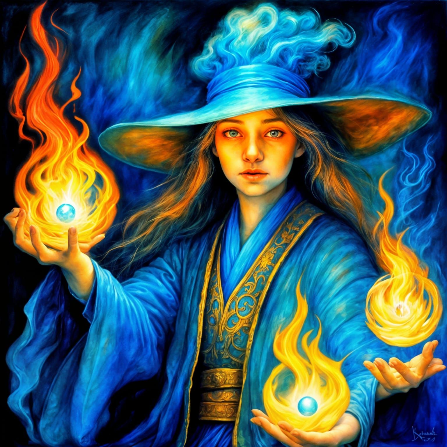 Beautiful  magician women holding fire balls with blue colour  flame . Brian froud, Kinuko Y. Craft, Ruan Jia Whimsical, ethereal, fantasy...