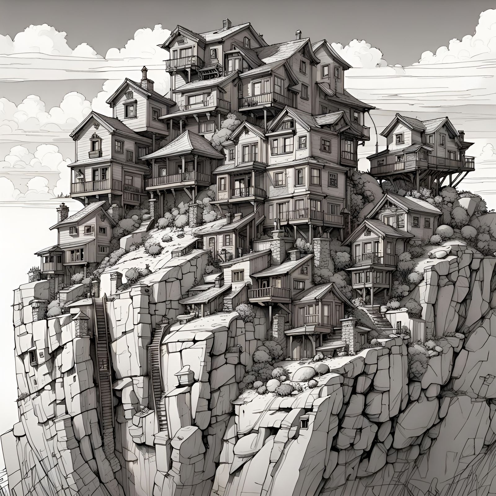 ""Extremely detailed B/W multi-story small houses on a rock outcropping 3D fineliner Line art Architecture!!!" stone arc...