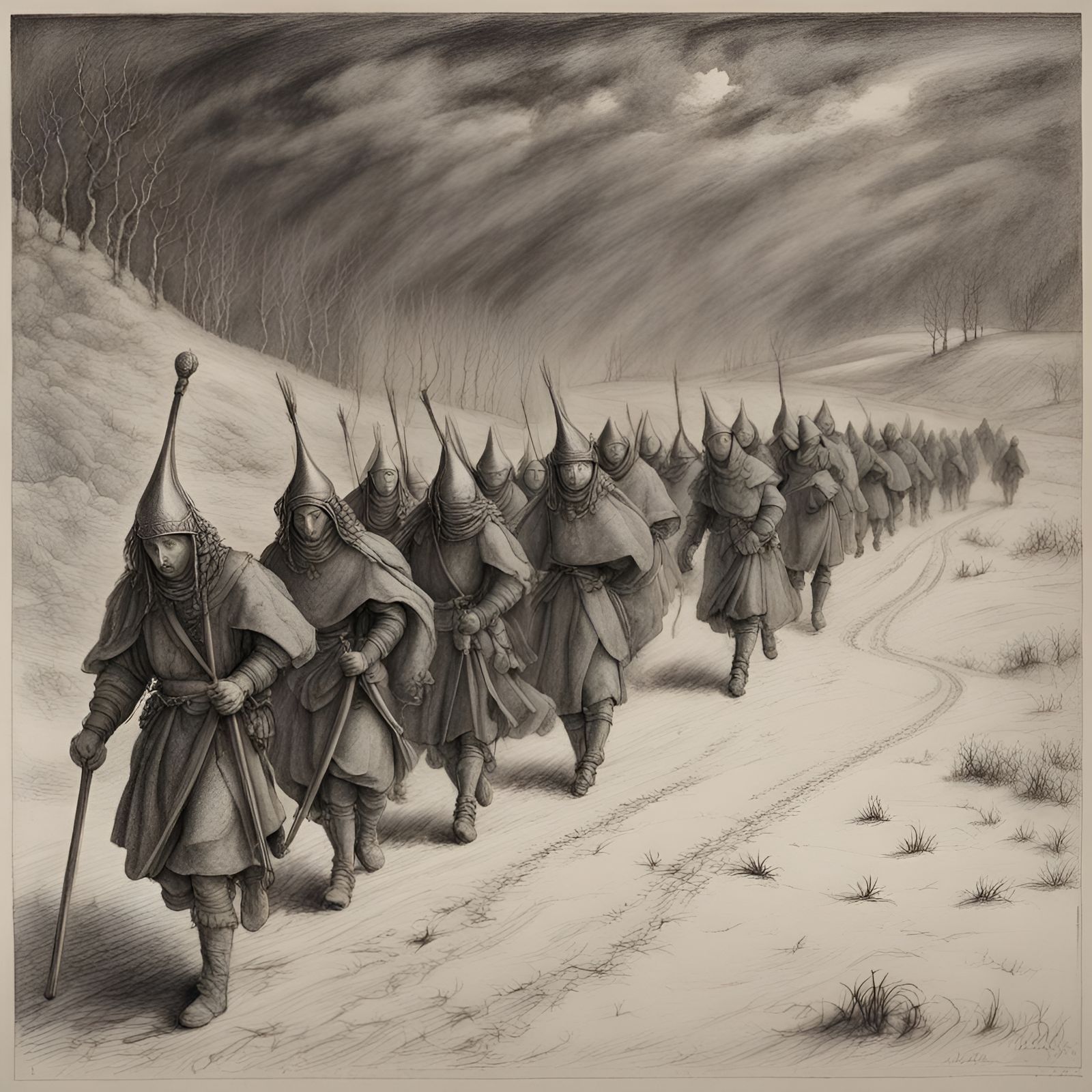 a troop of shadowy figures marching through a blizzard in a ...