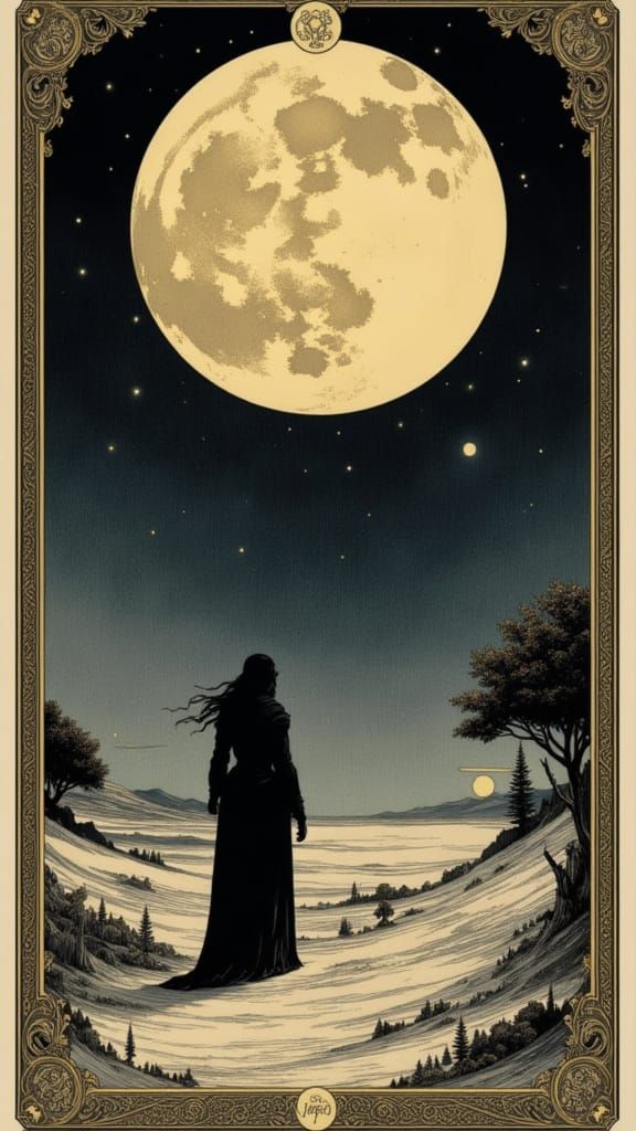 "The Moon" tarot card, beautiful, foreboding, an empty landscape with full moon overhead, ornate borders, tarot card by Dürer <lora:Tarot by...