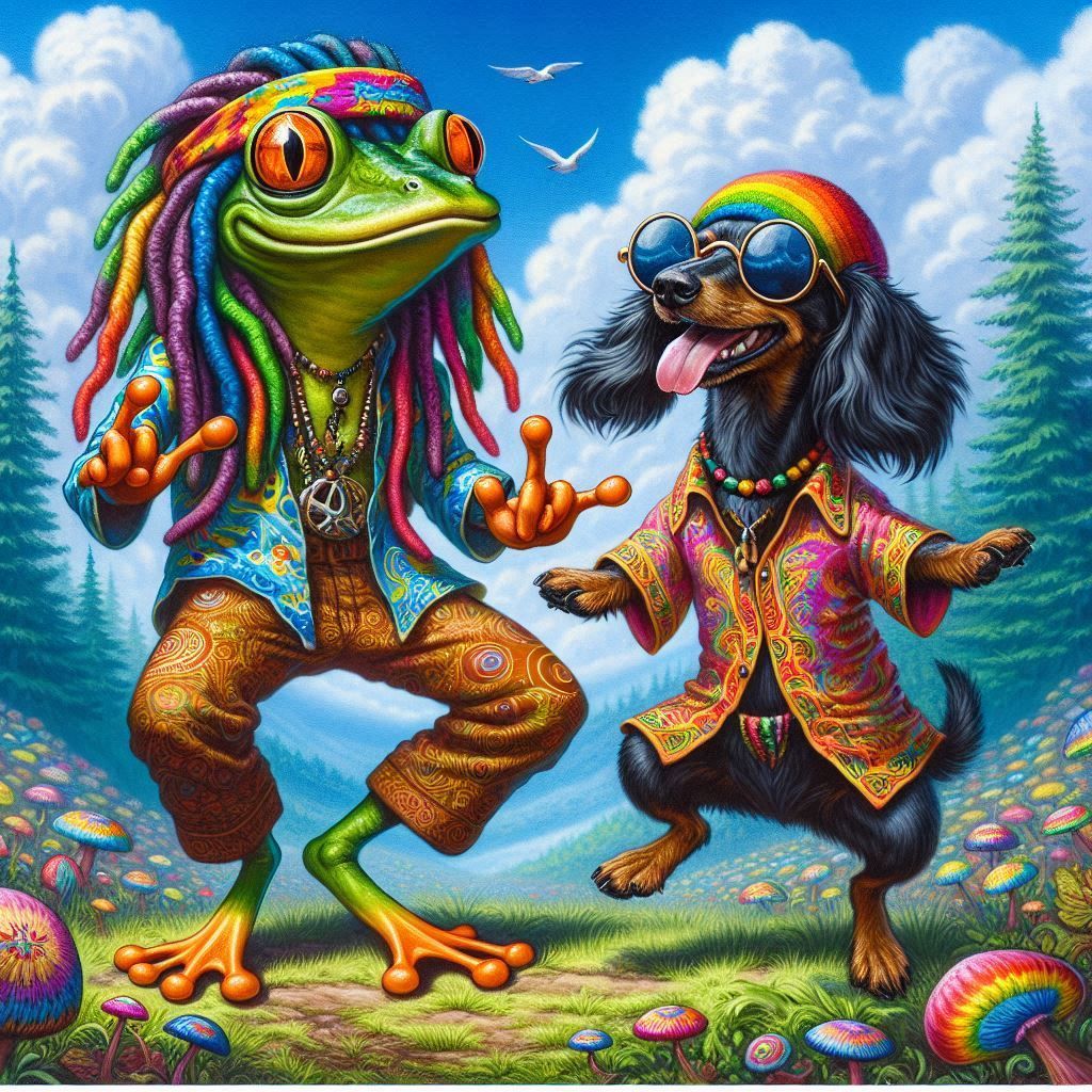 Video starts with a static shot of a sunny field of a psychedelic forest then the camera dollies out to show a wide shot...