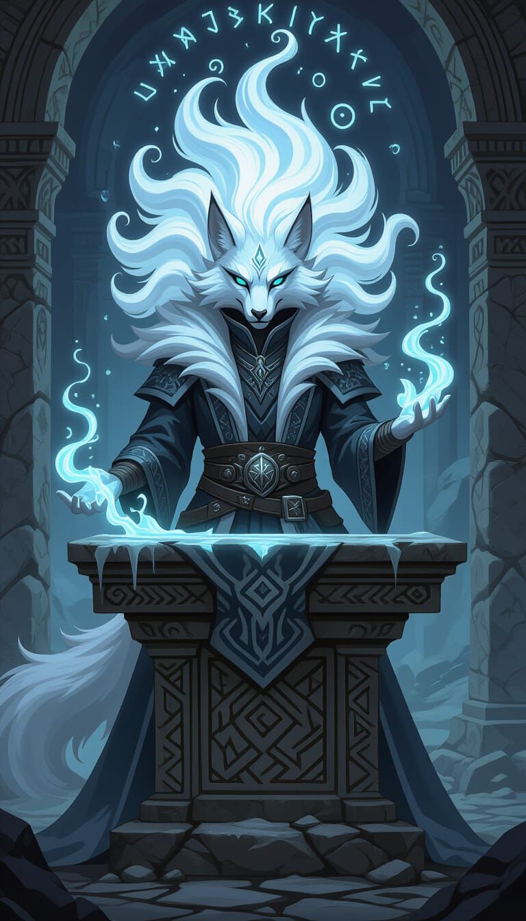 An anthropomorphic tabaxi warlock with a magnificent mane of white fur styled into intricate, swirling patterns, reminiscent of frozen smoke...
