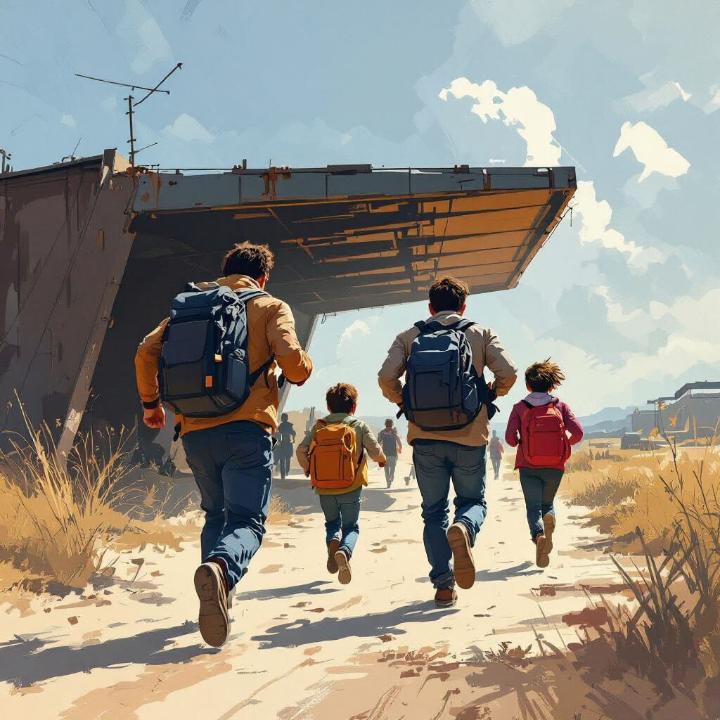 Men and Children Seek Shelter: Dramatic Scene