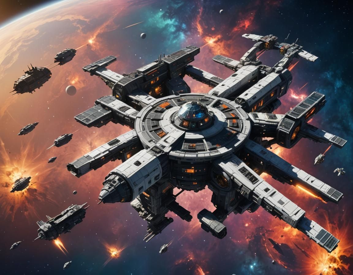 Sci-Fi Space station on the edge of a galaxy blockaded on bo...