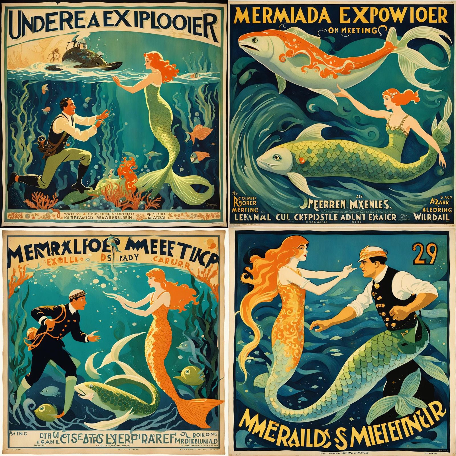A 1920s movie poster of undersea explorer meeting mermaid.