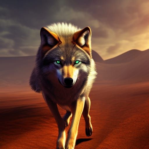 wolf running through a desert