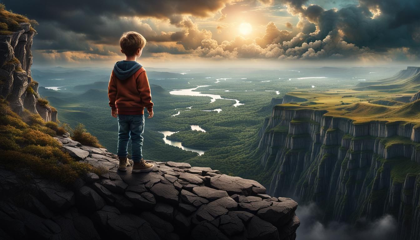 child standing on a cliff looking out over the earth   by @Chippa