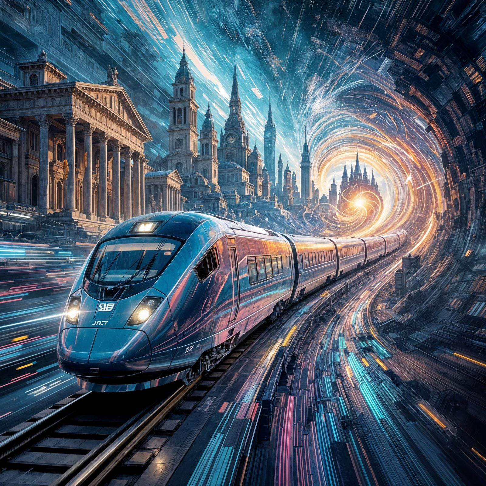 A sleek, chrome-plated time-traveling train  by @Hippie Child