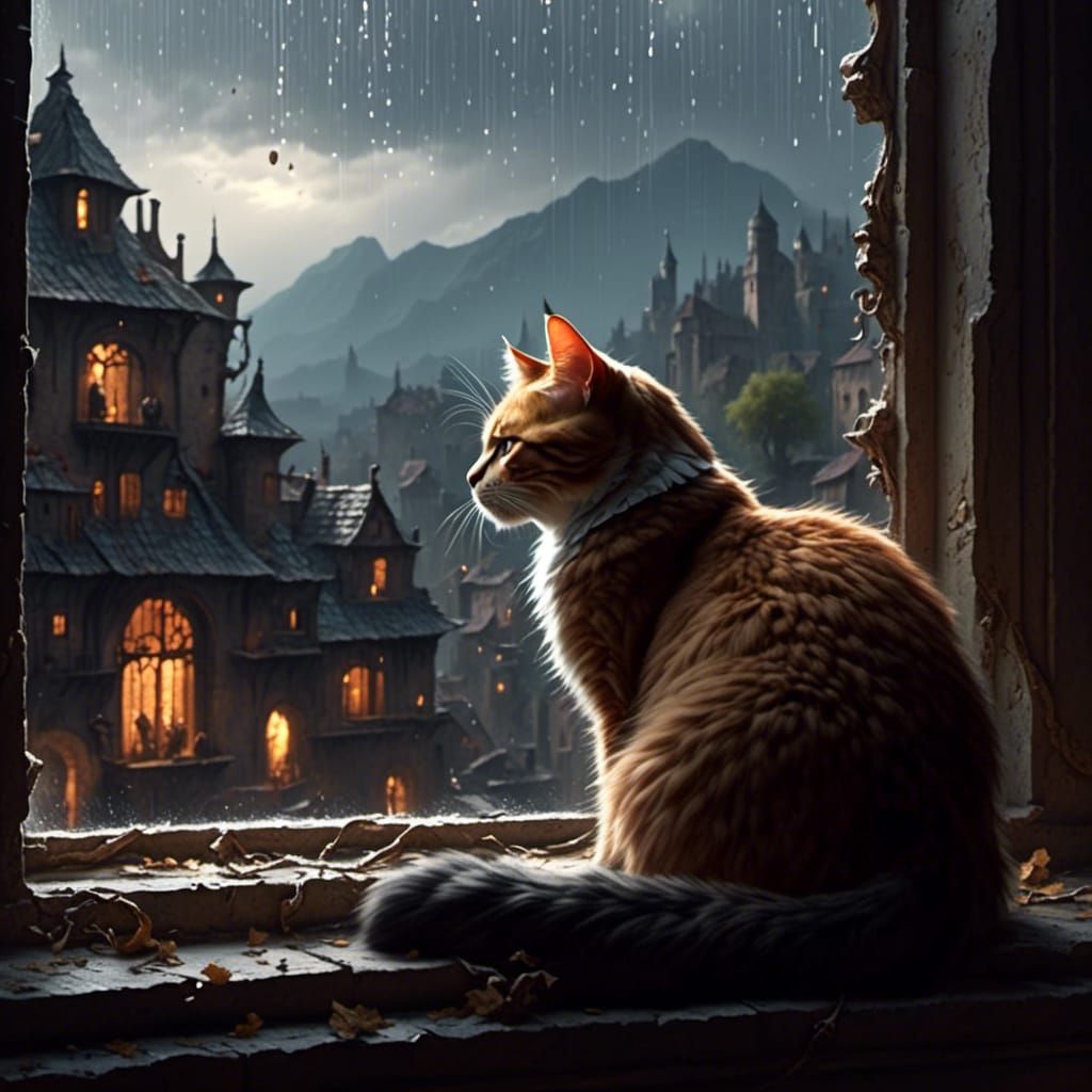  <lora:Male Characters:1.0> A cat curled up on a windowsill, watching the rain outside