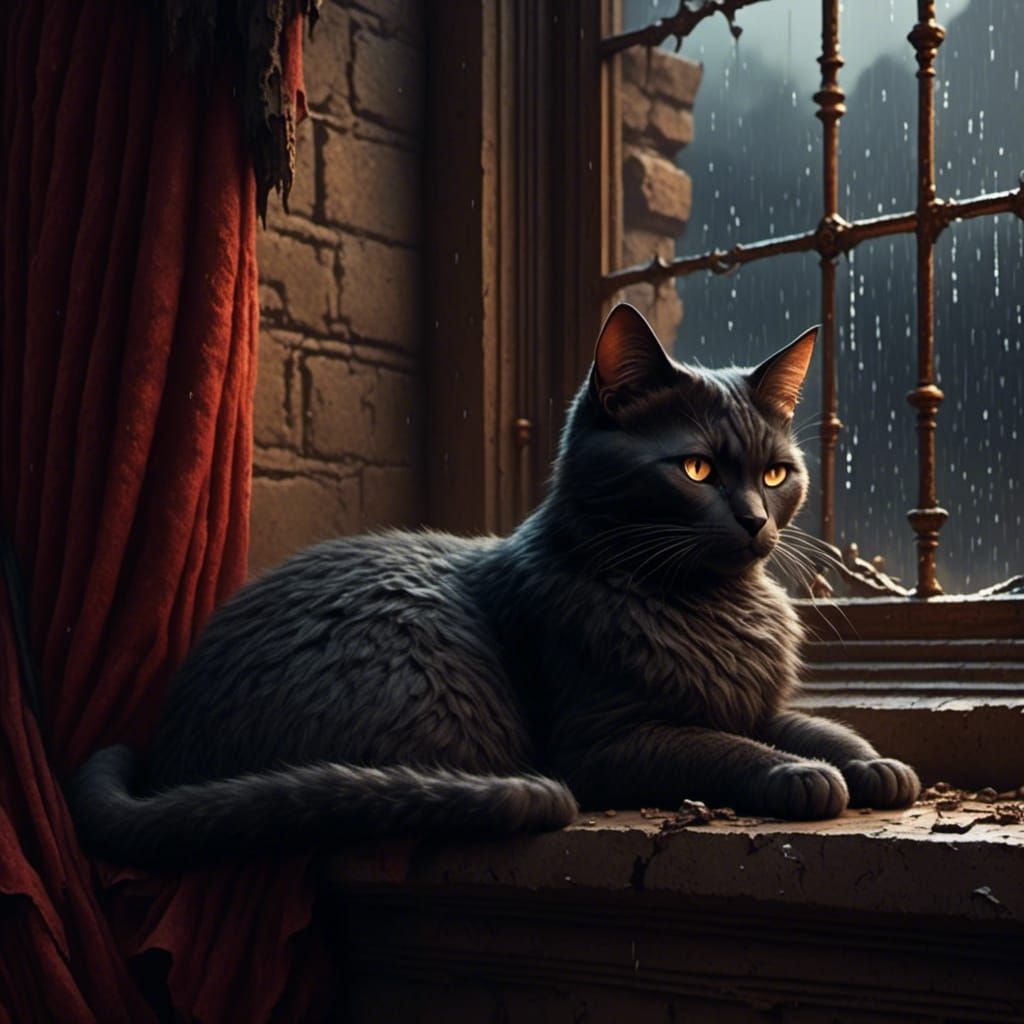  <lora:Male Characters:1.0> A cat curled up on a windowsill, watching the rain outside