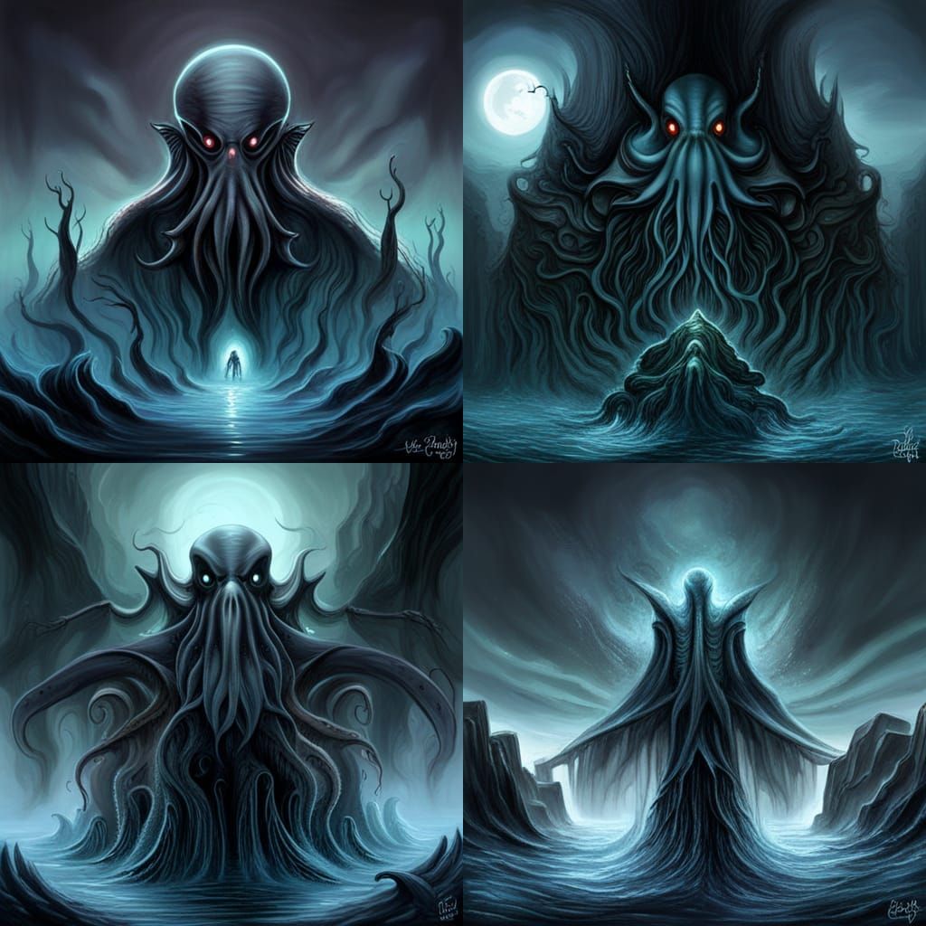 Cthulhu emerging from the water, foggy night, dark colors, b...