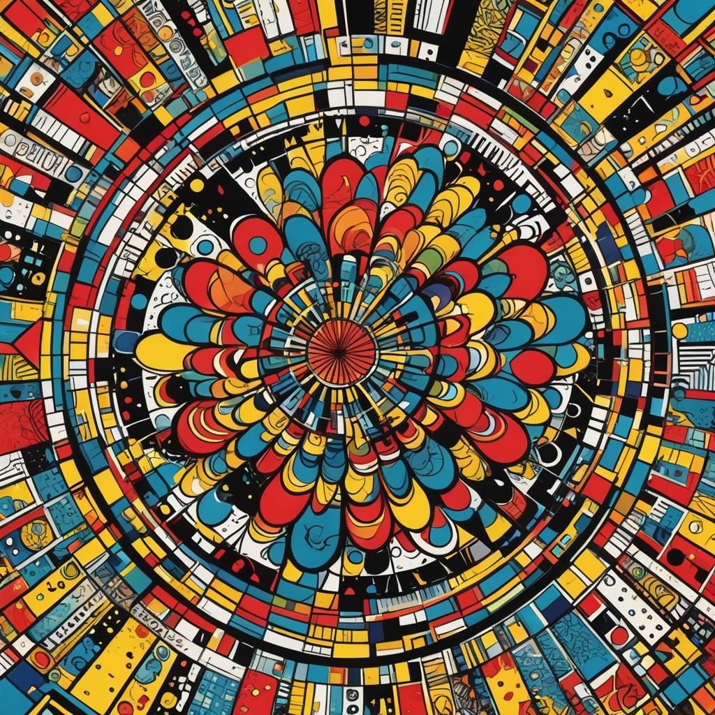 A vibrant and eye-catching mandala, bursting with bold geometric shapes and striking symmetry, infused with the playful and energetic style...